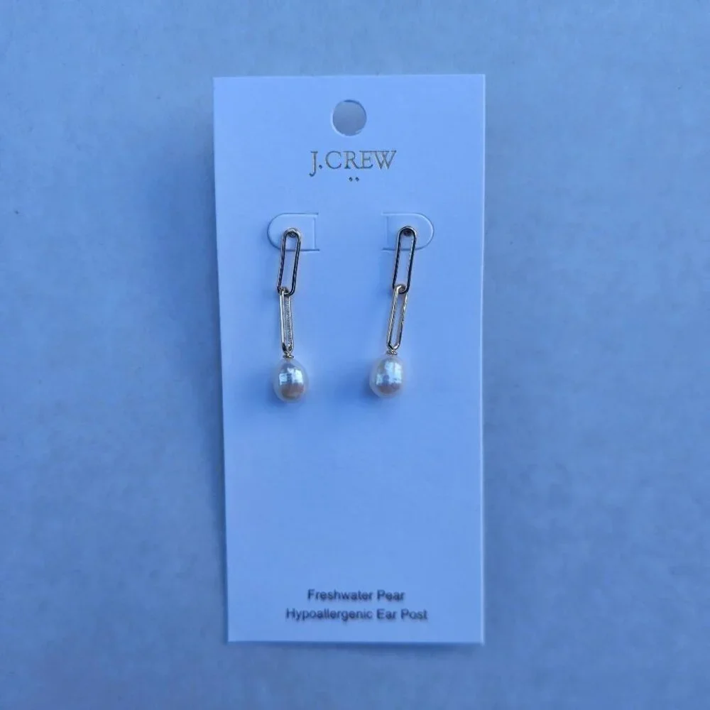 J. Crew Gold-Plated Pearl & Chain Dangle‎ Earrings – Modern Minimalist – NWT